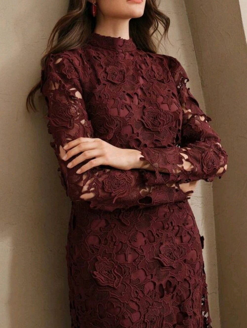 New Luxe Embroidered Sheer Lace Long Dress Long Sleeve Burgundy Red - Picture 6 of 14